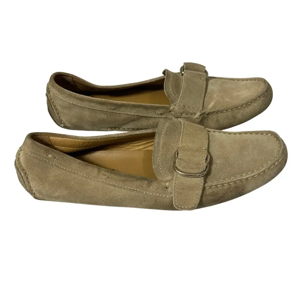 PRADA Driving Moccasins Beige Suede Rubber Sole Silver Buckle